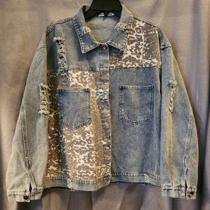 Stylish Denim Leopard Print Jacket L/XL